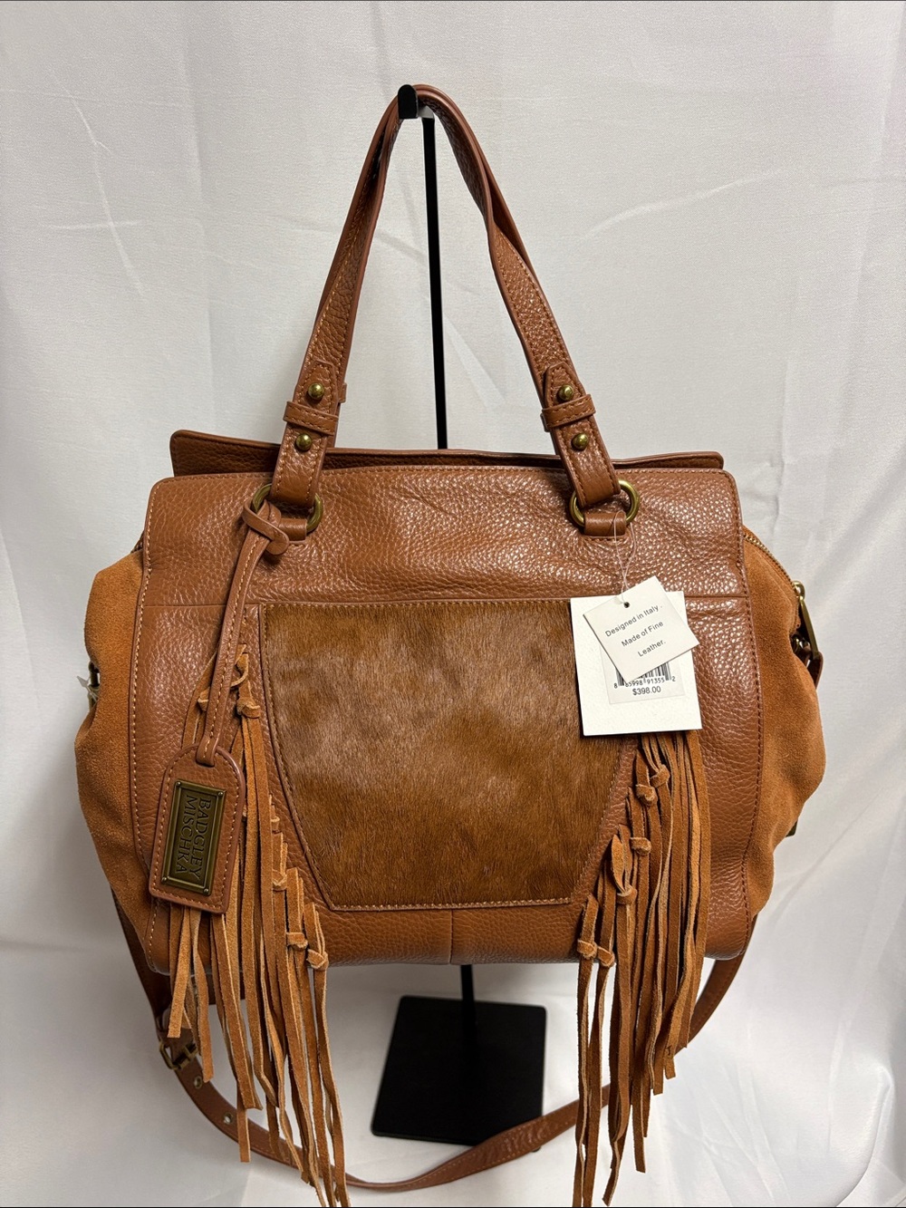 NWT Badgley Mischka Farrah Leather & Calf Hair Convertible Shoulder Bag Brown